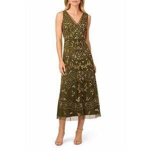 NEW ADRIANNA PAPELL v-neckline a-line midi dress in olive